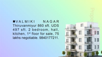 860 Sqft, 2 BHK Flat for sale @ Vlamiki nagar UDS 497 Sqft - Rs. 75 Lakhs negotiable
