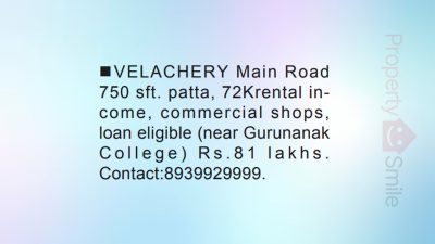 Commercial space for sale @ Velachery 750 Sqft - Rs. 81 Lakhs